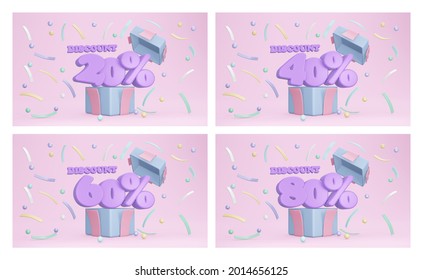 Set of discount banners 20, 40, 60, 80 percent. 3D rendering of explosion of opened gift box showing discount percentage and confetti on background. 3D Render. 3D illustration.
