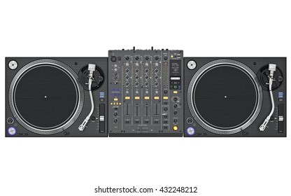 Set Dj Music Mixer Table, Black Professional Equipment, Top View. 3D Graphic