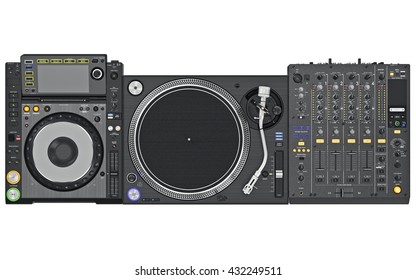 Set Dj Music Mixer Table, Black Professional Equipment, Top View. 3D Graphic