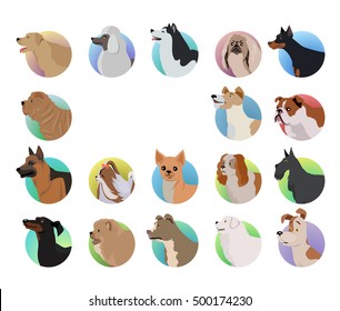 Set Of Dog  Logos In Flat Design. Pekingese, Poodle, Huskies, Doberman, Terrier, Bulldog, Shepherd, Chihuahua, Maltese, Spaniel, Dachshund, Pit Bull, Sharp, Chow-chow, Schnauzer Illustrations