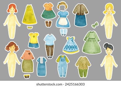 Set of dolls and clothes. Hand drawn watercolor illustration. Children, doll, outfit, girl, Paper dolls