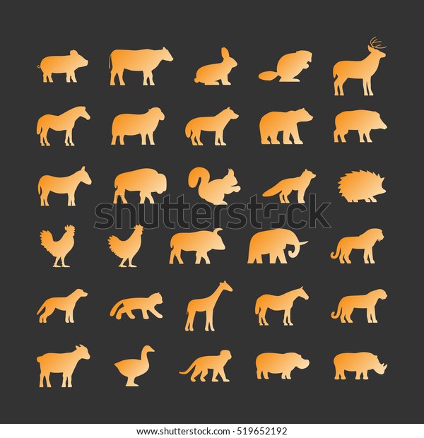 Download Set Domestic Wild Animals Gold Silhouettes Stock Illustration 519652192