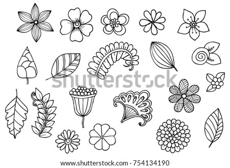 Set of doodle floral elements for design or coloring