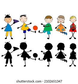 Set Of Doodle Hand Drawn Cartoon Kids And Silhouettes