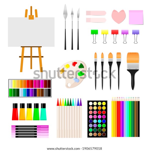 A set of drawing tools. art\
elements, brush, palette, easel, canvas, pencils, markers, palette\
knife, stickers, paper clips, watercolors, tubes of\
paint