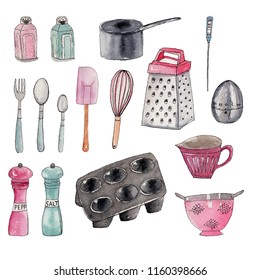 Set Of And Drawn Watercolor Isolated Kitchen Supplies