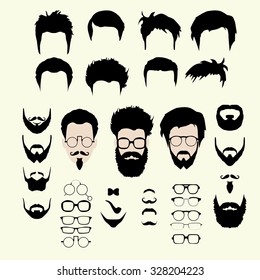 set of dress up constructor. Different men faces hipster geek style haircut, glasses, beard, mustache, bowtie, pipe. Silhoutte icon creation kit. Design flat avatar for social media or web site