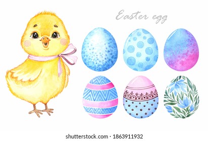 Set of Easter egg. Cute little chicken. Watercolor illustration.