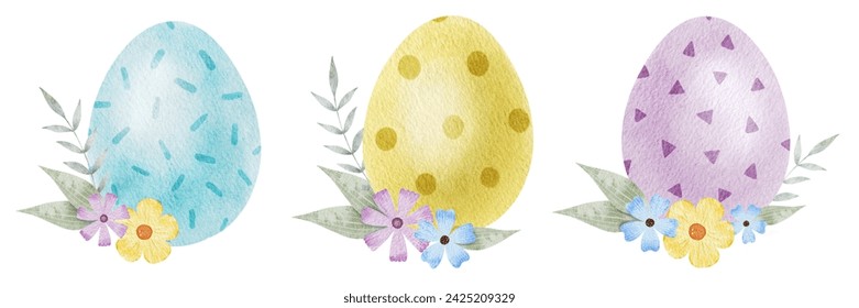 Set of Easter eggs, flowers and leaves. Paschal Concept with Easter Eggs with Pastel Colors. Isolated watercolor illustration. Template for Easter cards, covers, posters and invitations.