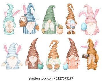 Set of Easter gnomes, spring gnomes clipart, isolated illustration on white background