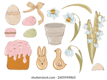 Set of Easter holiday decor elements in pastel colors, isolated. Easter cake, cookies, eggs and spring flowers. Design elements for stickers, postcards, patterns.