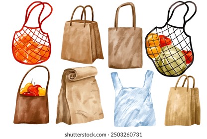 Set of eco friendly paper bags, biodegradable, mesh tote bag. . Hand drawn illustration on isolated background - Powered by Shutterstock