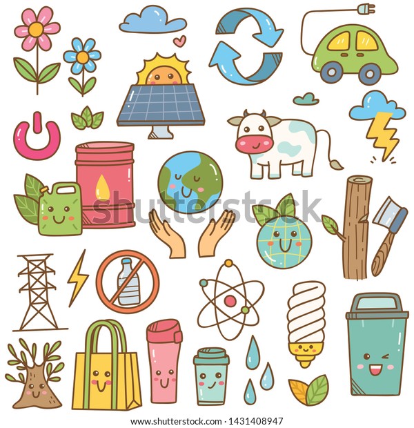 Set\
of ecology doodle in kawaii style vector\
illustration