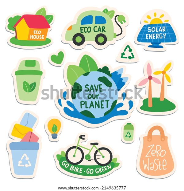 Set of\
Ecology Sticker with slogan in doodle\
style