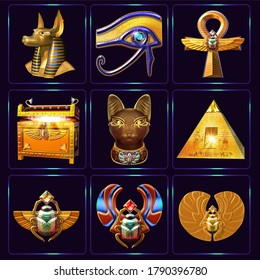 Set of Egyptian themed symbols isolated on dark background. 3D illustrations of Anubis head, the Eye of Ra, ankh cross, treasure chest, head of Bastet goddess, golden pyramid and scarab artifacts 