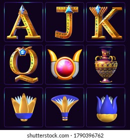 Set of Egyptian themed symbols for slot game, isolated on dark background. 3D illustrations of A J K Q letters, radiant or solar crown worn by Egyptian deities, ancient vase and floral ornaments