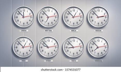 Set of eight clocks for time zones of different cities around the world - 3D illustration
