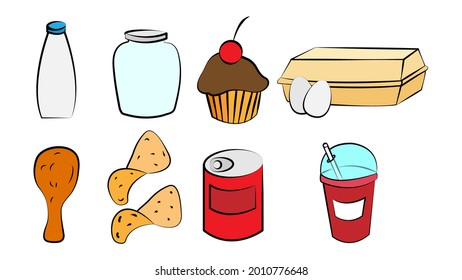 A Set Of Eight Icons Of Items Of Delicious Food And Snacks For A Cafe Bar Restaurant On A White Background: Milk, Can, Cupcake, Eggs, Chicken, Chips, Soda, Lemonade.