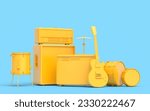 Set of electric acoustic guitars, amplifiers and drums with metal cymbals on blue background. 3d render of musical percussion instrument, drum machine and drumset with heavy metal guitar