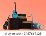 Set of electric acoustic guitars, amplifiers and drums with metal cymbals on orange background. 3d render of musical percussion instrument, drum machine and drumset with heavy metal guitar
