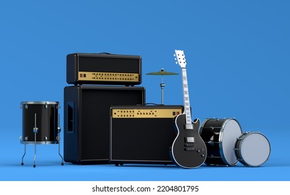 Set Of Electric Acoustic Guitars, Amplifiers And Drums With Metal Cymbals On Blue Background. 3d Render Of Musical Percussion Instrument, Drum Machine And Drumset With Heavy Metal Guitar