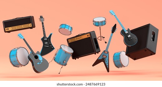 Set of electric acoustic guitars, amplifiers and drums with metal cymbals on orange background. 3d render of musical percussion instrument, drum machine and drumset with heavy metal guitar - Powered by Shutterstock