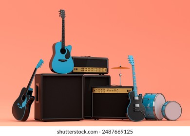 Set of electric acoustic guitars, amplifiers and drums with metal cymbals on orange background. 3d render of musical percussion instrument, drum machine and drumset with heavy metal guitar - Powered by Shutterstock