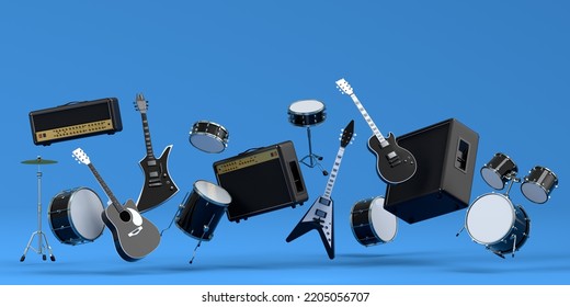 Set of electric acoustic guitars and drums with metal cymbals on blue background. 3d render of musical percussion instrument, drum machine and drumset with heavy metal guitar for rock festival poster - Powered by Shutterstock