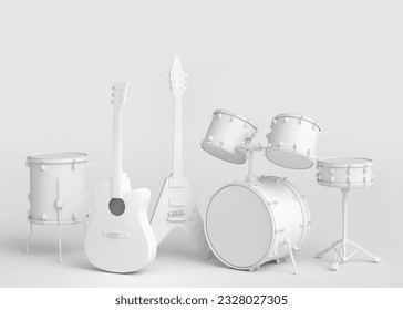 Set of electric acoustic guitars and drums with metal cymbals on monochrome background. 3d render of percussion instrument, drum machine and drumset with heavy metal guitar for rock festival poster - Powered by Shutterstock