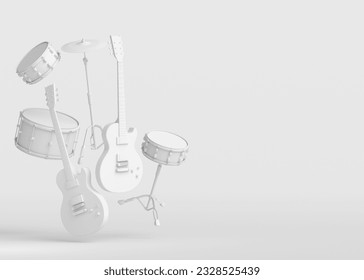 Set of electric acoustic guitars and drums with metal cymbals on monochrome background. 3d render of percussion instrument, drum machine and drumset with heavy metal guitar for rock festival poster - Powered by Shutterstock