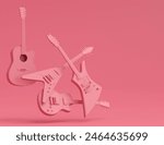 Set of electric acoustic guitars isolated on monochrome background. 3d render of concept for rock festival poster with heavy metal guitar for music shop