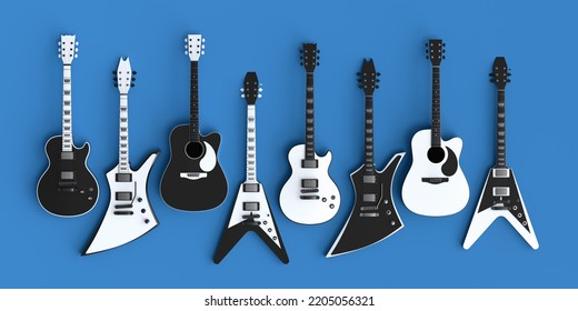 Set of electric acoustic guitars isolated on blue background. 3d render of concept for rock festival poster with heavy metal guitar for music shop - Powered by Shutterstock