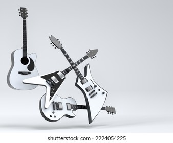 Juego de guitarras acústicas eléctricas aisladas en fondo blanco. 3d representación del concepto para afiche del festival de rock con guitarra de metal pesado para tienda de música