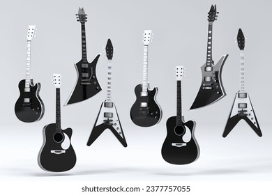 Set of electric acoustic guitars isolated on white background. 3d render of concept for rock festival poster with heavy metal guitar for music shop. 3D Illustration - Powered by Shutterstock