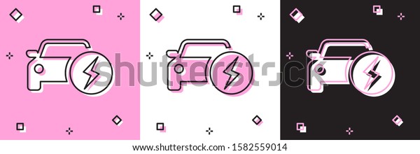 Set Electric car and electrical cable plug charging icon\
isolated on pink and white, black background. Renewable eco\
technologies.  