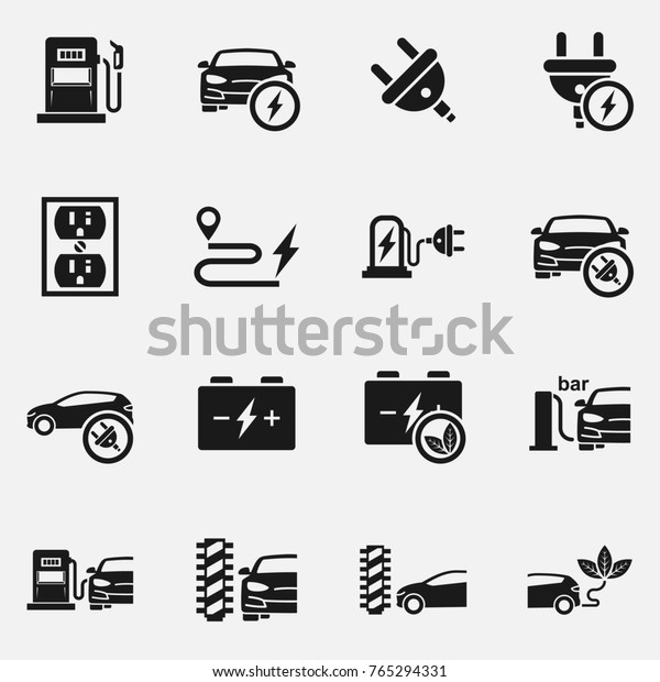 Set of electric car,\
electrical charging station, car wash and other related symbols.\
Flat  icon.