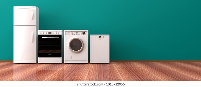 Set Of Electric Home Appliances On A Wooden Floor, Green Wall Background. 3d Illustration