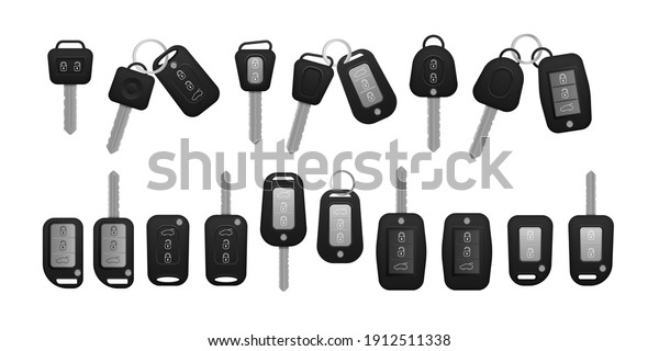 Set of electronic car key front and\
back view and alarm system. Realistic car keys black color isolated\
on white background. 3d realistic mockup.\
