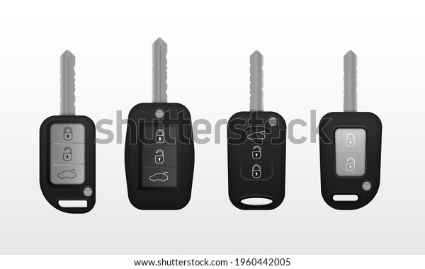 Set of electronic car key front and\
back view and alarm system. Realistic car keys black color isolated\
on white background. 3d realistic\
mockup.