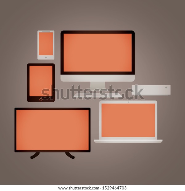Set of electronic\
devices and devices for communication and leisure. Television,\
computer, laptop, mobile phone, tablet and computer tower. Warm\
colors on grey\
background.