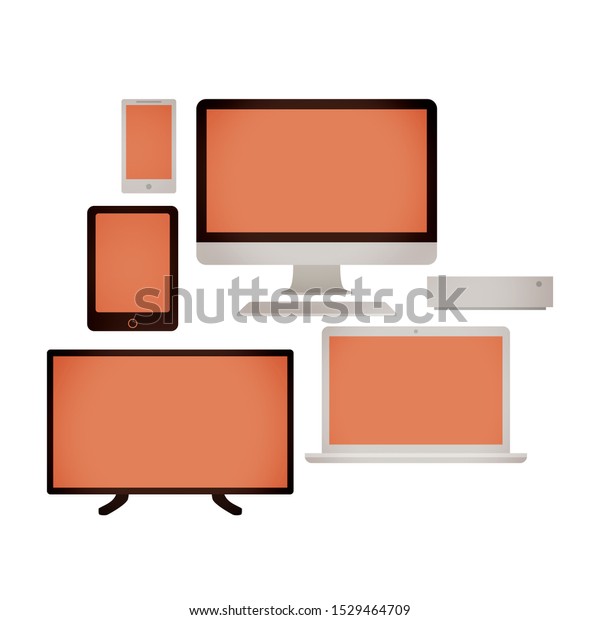 Set of electronic\
devices and devices for communication and leisure. Television,\
computer, laptop, mobile phone, tablet and computer tower. Warm\
colors on white\
background.