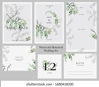 Set of elegant Save the Date wedding invitation templates with colorful and engraving wild meadow flowers and text for your design.