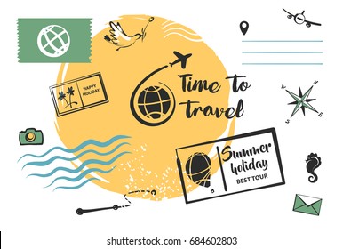 Set of element for summer holiday postcard. Illustration of journey image for best tour advertising.  Abstract black logo with world and balloon  for travel agency business. 