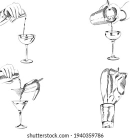 set of elements bartender makes cocktails, bartender's hands, drinks, shaker, sieve, glass, glass, shot, glass, martini - Powered by Shutterstock - Get 15% off with code: PIKWIZARD15