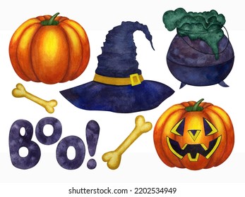 A Set Of Elements For Halloween: A Cauldron, A Witch's Hat, A Pumpkin, Guests, Boo. Watercolor Drawing, Made By Hand.