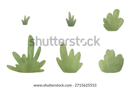 Set elements: isolated simple bushes, tufts of grass. Cartoon illustration in a flat style. Watercolor, pastel. For design of children's products