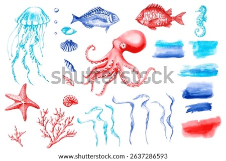 Set of elements of the marine theme. Isolated watercolor illustration for the design of holidays in the marine theme, restaurant design, menu, printing on textiles and clothes