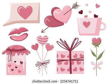 Set of elements for Valentine's Day. Hand drawn isolated icons on a white background. Cute heart, love letter, rose, kiss, candy, mug with hearts. Suitable for stickers, decor, scrapbooking - Powered by Shutterstock