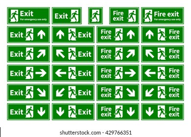 Set Of Emergency Fire Exit Green Signs With Different Directions Isolated On White