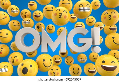 Set Of Emoji Emoticon Character Faces With The Word OMG, 3D Rendering